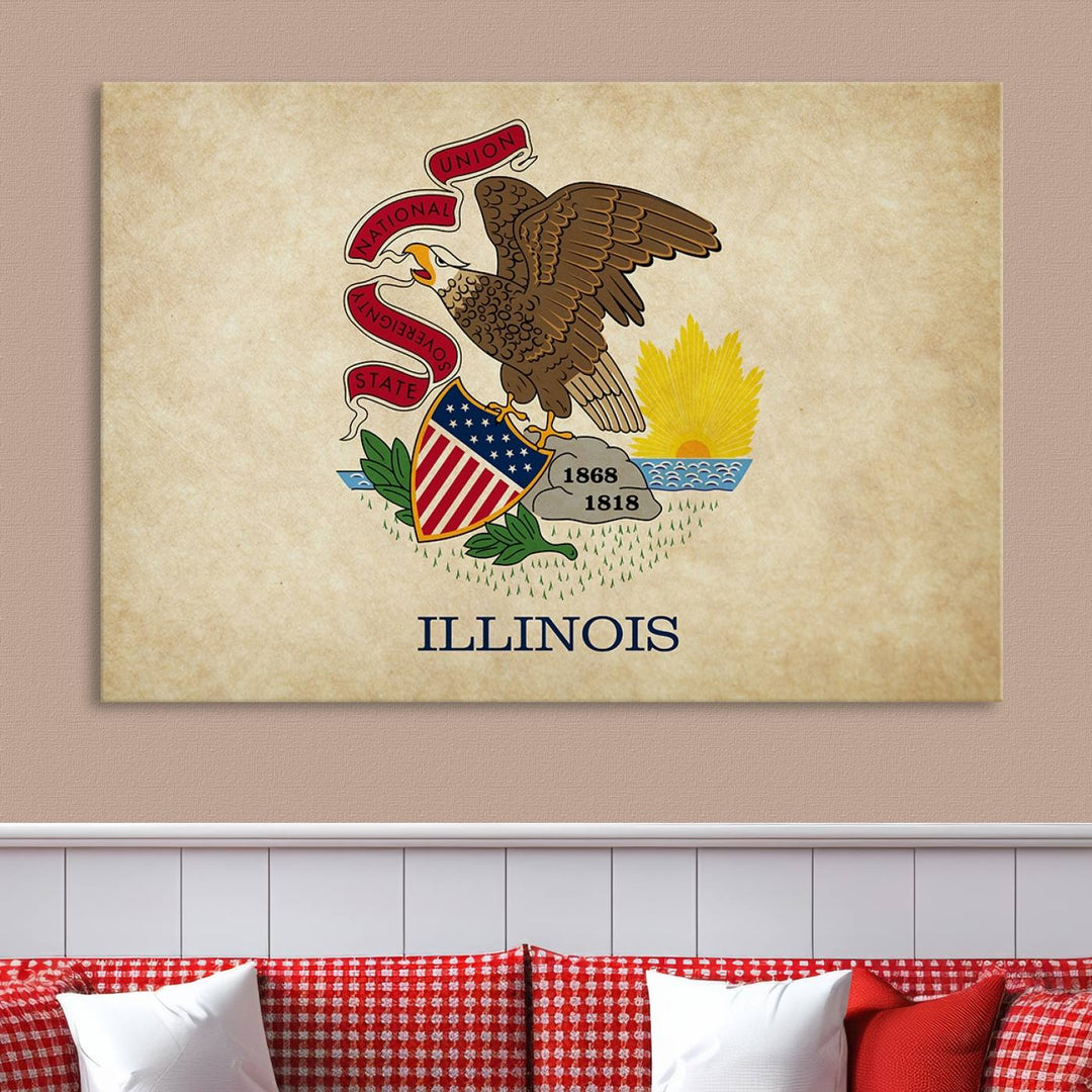 The Illinois State Flag Wall Art Canvas Print, crafted on museum-quality canvas with a UV-protective coating, is displayed prominently.