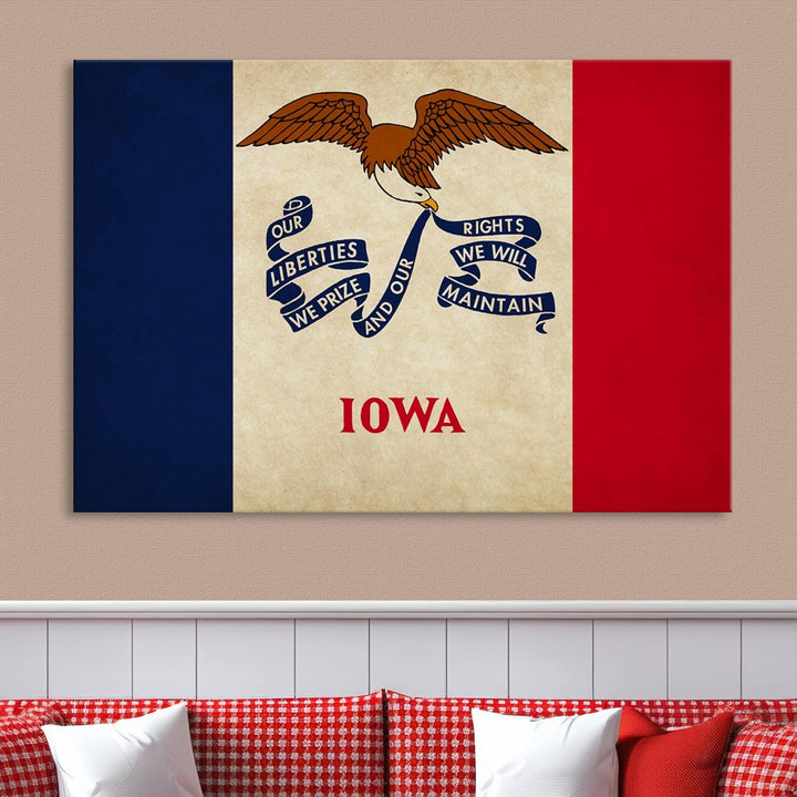 A beautiful Iowa States Flag Wall Art enhances the area, made on museum-quality canvas and boasting a gallery-wrapped design for enduring elegance.