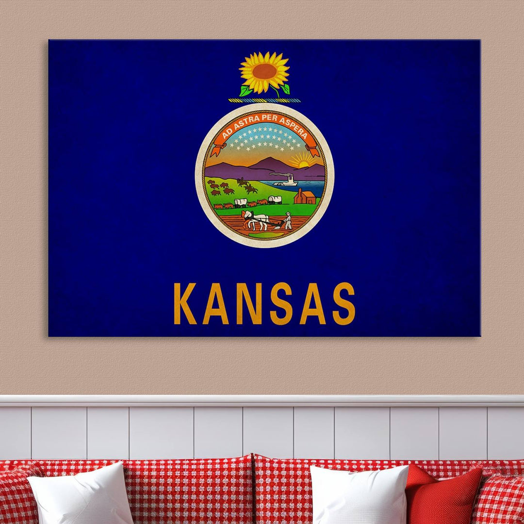 The "Kansas USA States Flag Wall Art Canvas Print" is prominently displayed.