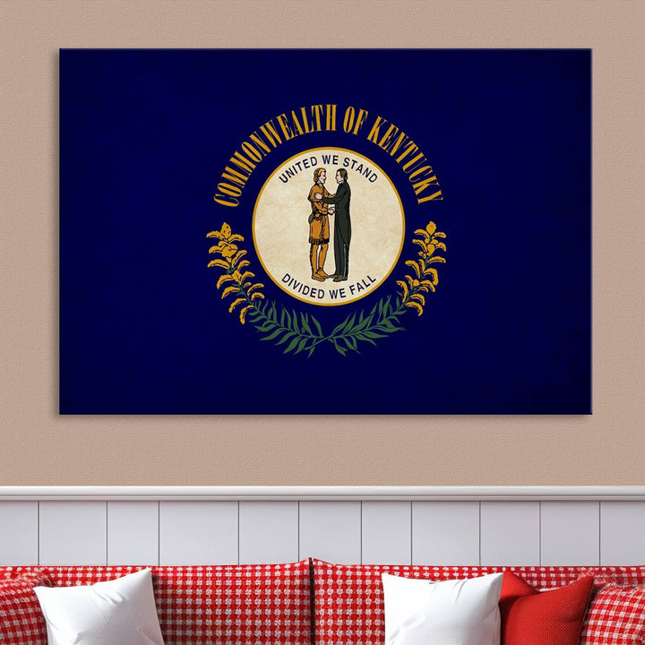 A museum-quality canvas of the Kentucky State Flag Wall Art graces the wall, featuring a UV-protective coating to maintain its vivid colors. Benefit from free shipping on this impressive home decor piece.