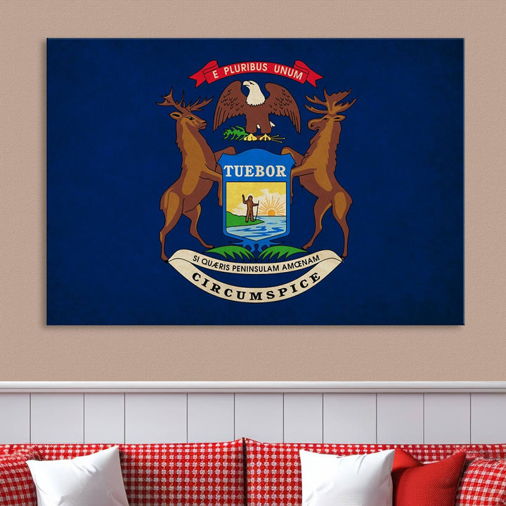 A piece of Michigan State Flag Wall Art on museum-quality canvas features a UV-protective coating to maintain its vibrant colors.