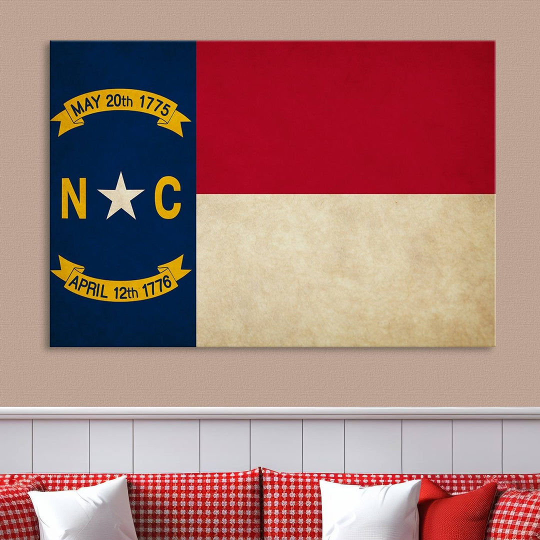 A museum-quality North Carolina State Flag Wall Art Canvas Print graces the wall, adding charm and character to any living space. Enjoy free shipping on this timeless piece.