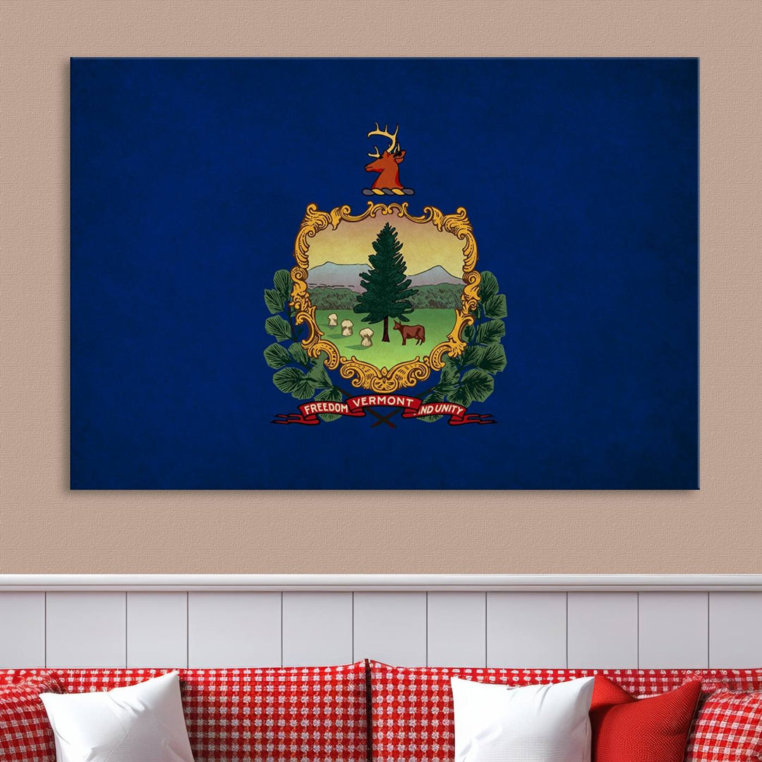 The Vermont Flag Wall Art Canvas Print is a museum-quality piece enhanced with UV-protective finishes, offering both style and durability. Enjoy free shipping on this classic decor addition.