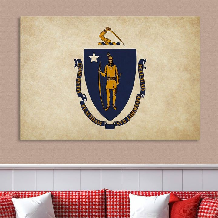 The Massachusetts State of Flag Wall Art Canvas Print, handcrafted on a museum-quality canvas with UV-protective coating, decorates the wall. It is ready to hang and adds a touch of elegance to the space.