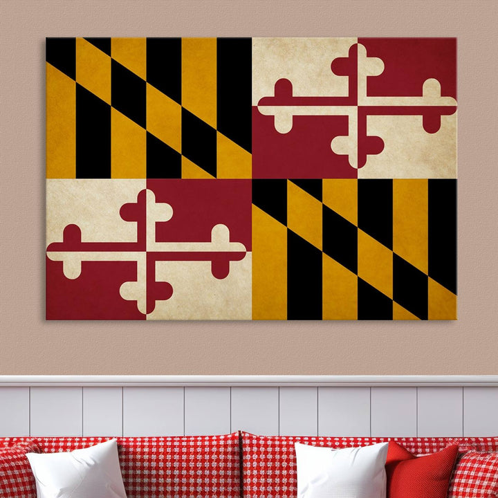 The Maryland Flag Wall Art Canvas Print, boasting a UV-protective coating for vibrant colors and durability, is a museum-quality piece offered with free shipping, making it the perfect addition to your space.