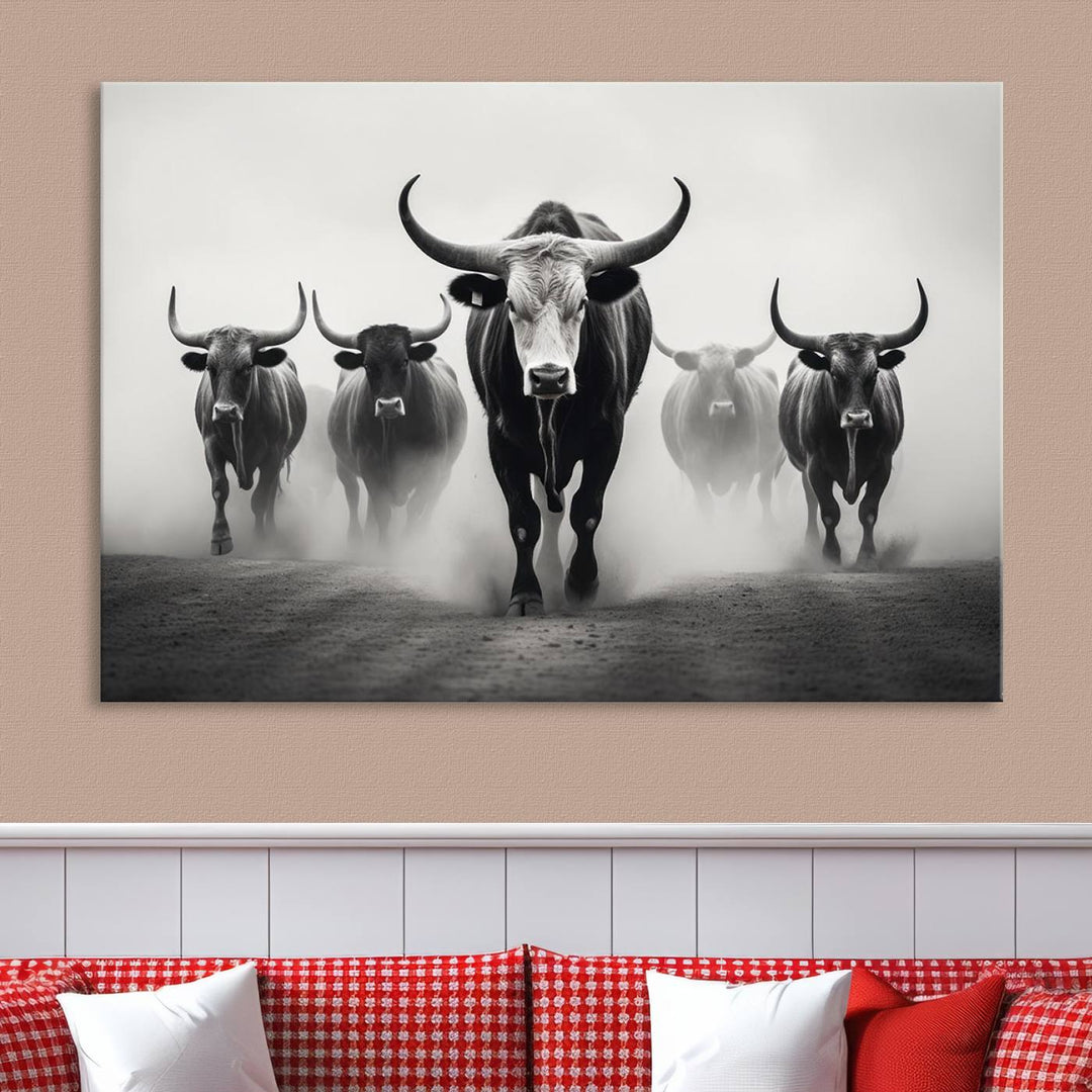 The Texas Longhorn Cow Animal Wall Art Canvas Print beautifully embellishes the area with its depiction of longhorn cattle in a misty setting, seamlessly integrating Western decor into the space.