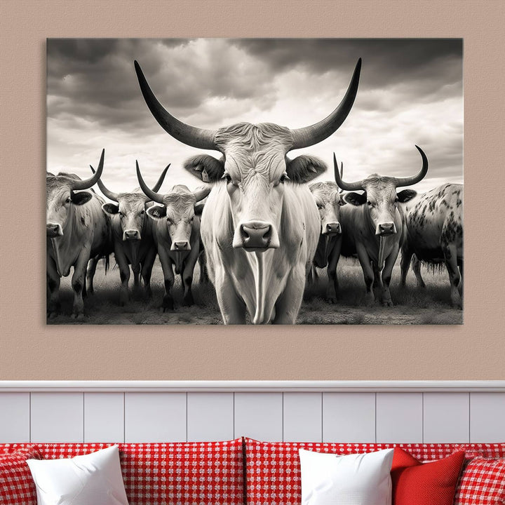 A Texas Longhorn Cow Animal Wall Art Canvas Print introduces a Western-themed accent.