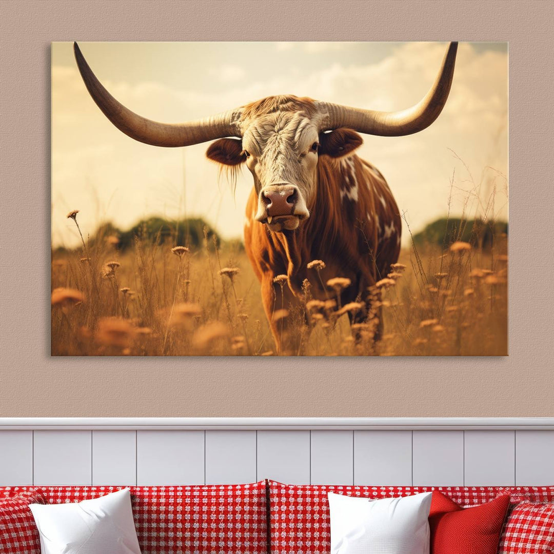 Cow Bighorn Wall Art Canvas Print, Longhorn Texas Cow Animal Canvas Print