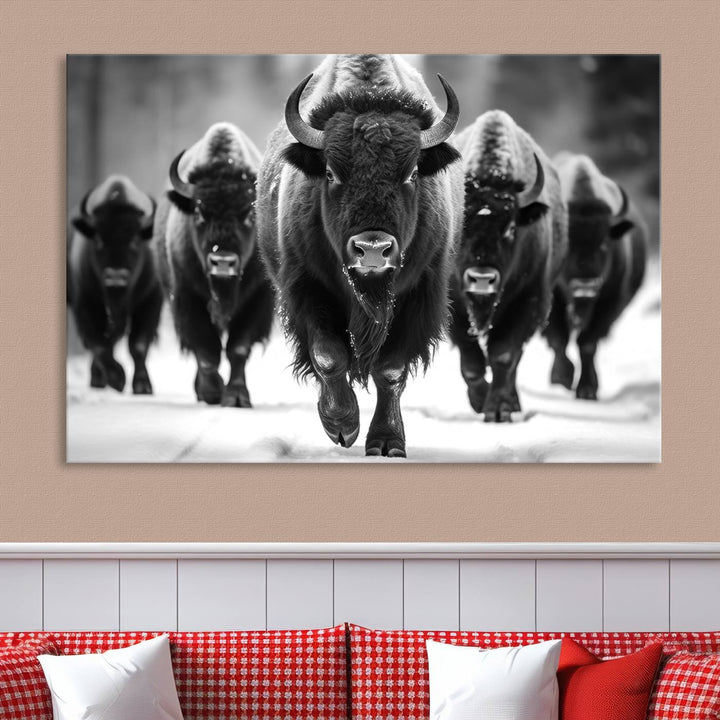 A modern living room features a striking black-and-white American Bison Art | Buffalo Herd Wall Art Canvas Print on the wall.