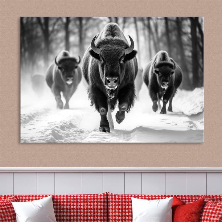 Transform your living room with the Buffalo Wall Art Canvas Print triptych, showcasing a bison family in motion across a snowy landscape. This striking Western decor piece becomes the focal point of any room.