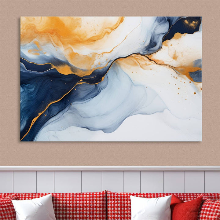 Modern living room featuring the 'Extra Large Orange Navy Blue Abstract Wall Art Canvas Print.'