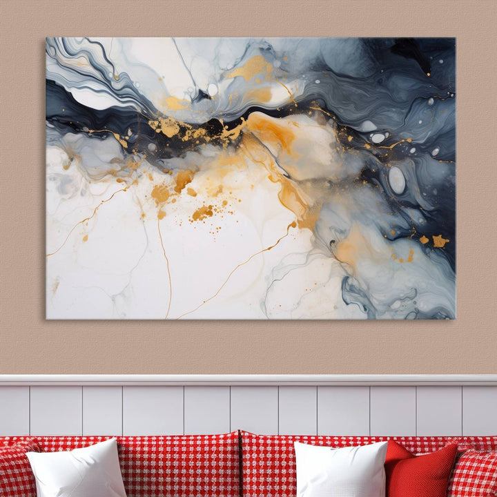 The Dark Blue and Orange Abstract Wall Art, featuring museum-quality canvas with captivating dark and golden swirls, is ready to hang and boasts a UV-protective coating to ensure enduring vibrancy and sophistication.