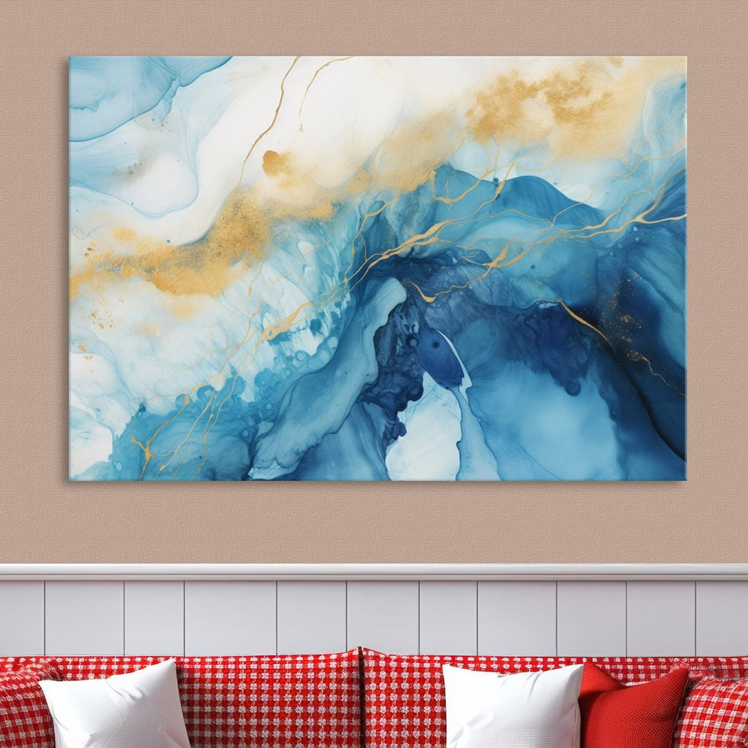 Blue and Gold Abstract Canvas Wall Art Print – Contemporary Fluid Design with Luxe Marble Effect – Ready to Hang