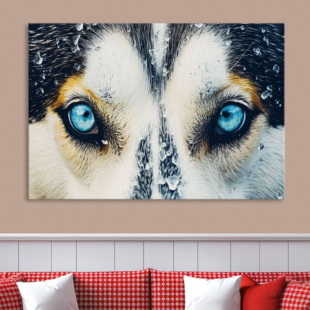 The captivating "Winter Siberian Husky Wolf EYE Wall Art Canvas Print" showcases the striking blue eyes of the animal portrait.