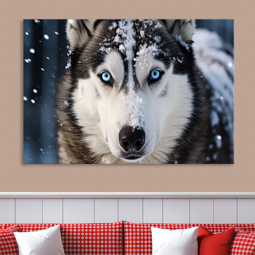 A digital art piece titled "Winter Siberian Husky Wolf Wall Art Canvas Print" showcases a blue-eyed husky blanketed in snow. Printed on high-quality canvas, it is an ideal choice for nature and dog enthusiasts.