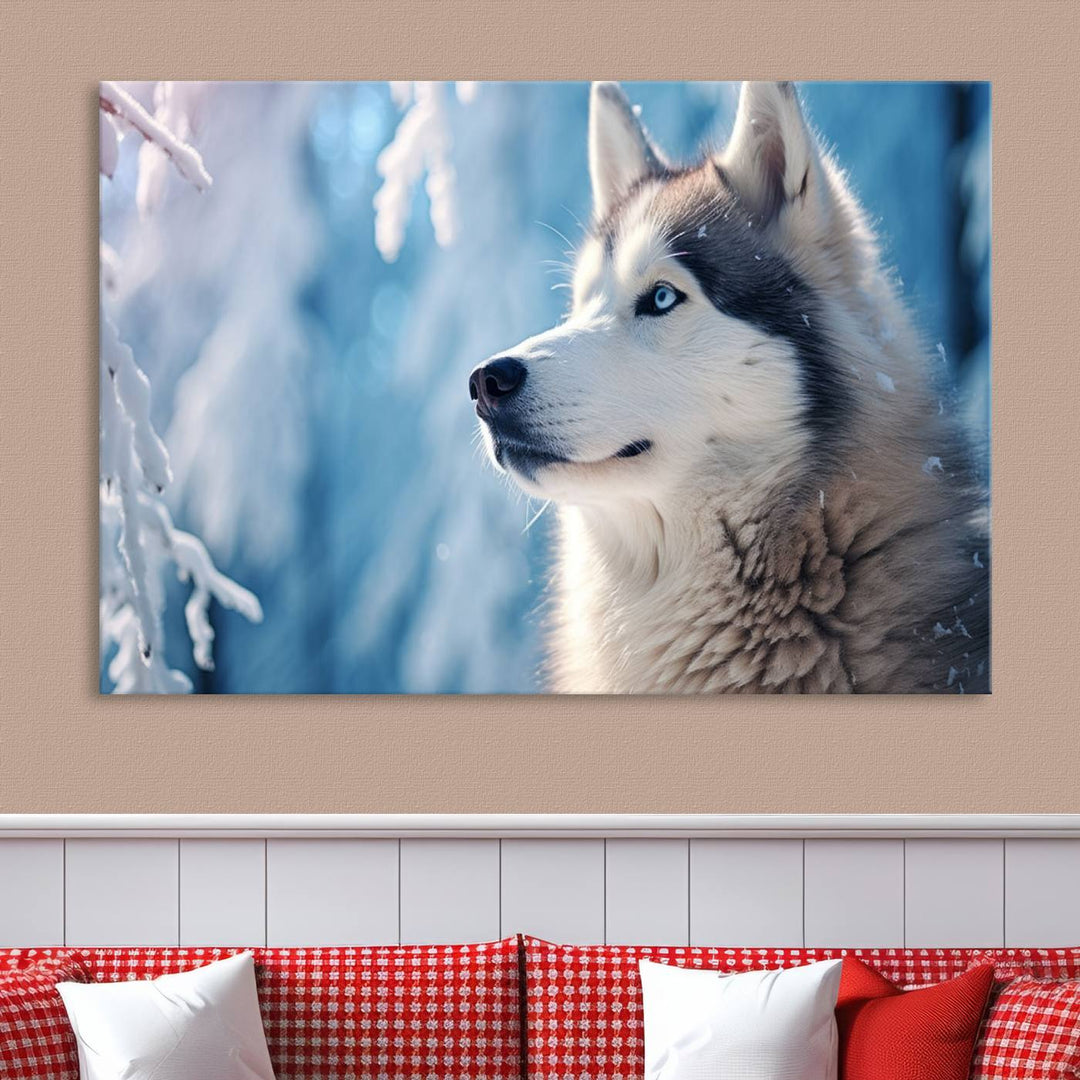 A captivating Winter Siberian Husky Wolf Wall Art Canvas Print hangs prominently.