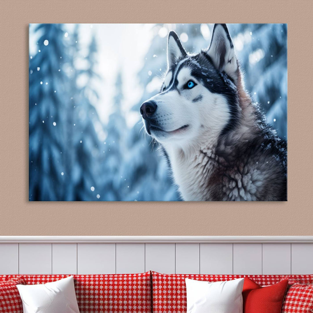 The "Winter Siberian Husky Wolf Wall Art Canvas Print" is elegantly displayed, enhancing the room's cozy ambiance in a snowy forest setting.