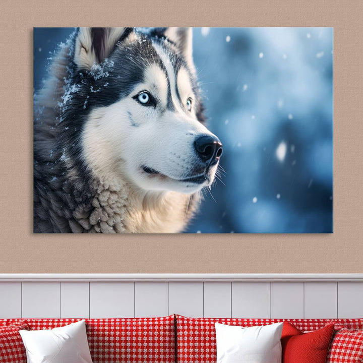 The space above the sofa features the Winter Siberian Husky Wolf Wall Art Canvas Print, creating a stunning snowy scene.