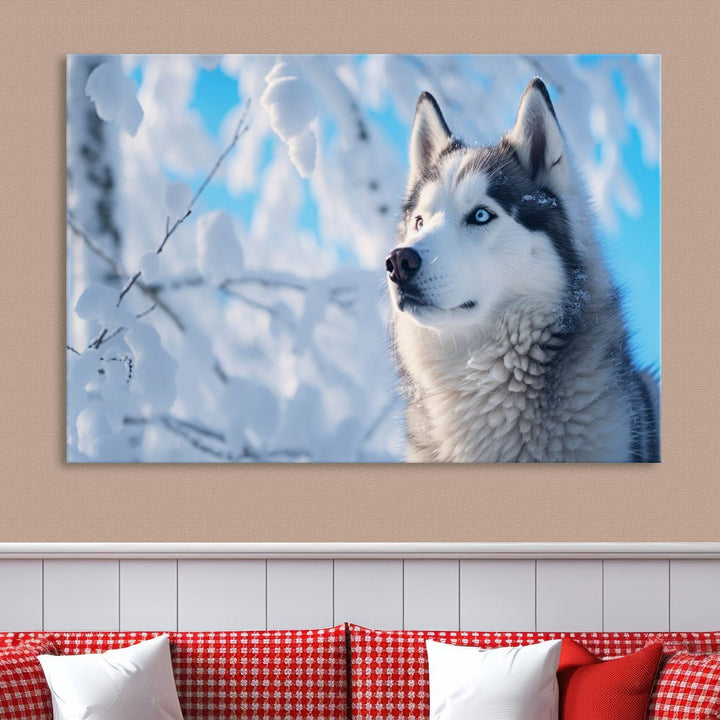 The Siberian Husky Art Canvas elegantly enhances the room.