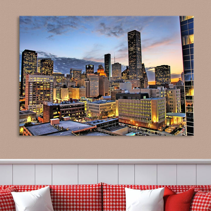 The modern living room features the Houston Wall Art Canvas Print on the wall. This professional craftsman framed masterpiece depicts a cityscape and is created with museum-quality polycotton canvas, ensuring a polished look that enhances its elegant charm.