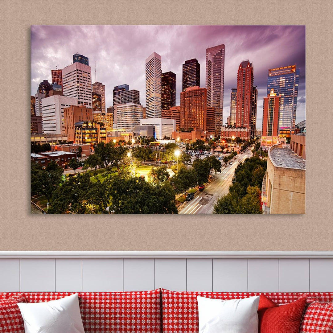 The Houston Wall Art Canvas Print in the living room displays a vibrant city skyline at twilight on museum-quality canvas with UV-protective coating.