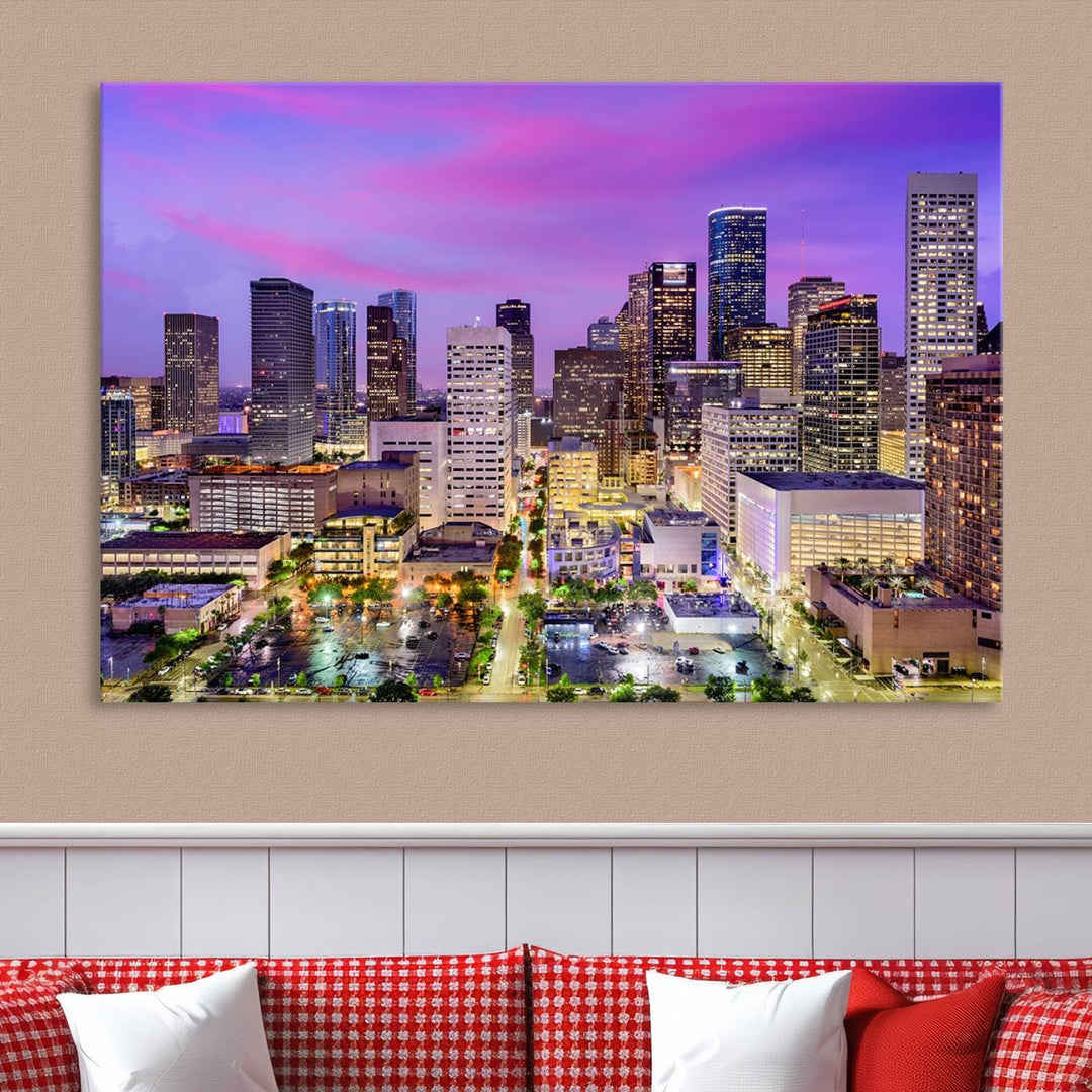 Houston Wall Art Canvas Print showcasing a vibrant cityscape at dusk on museum-quality canvas, expertly crafted by professional craftsmen.