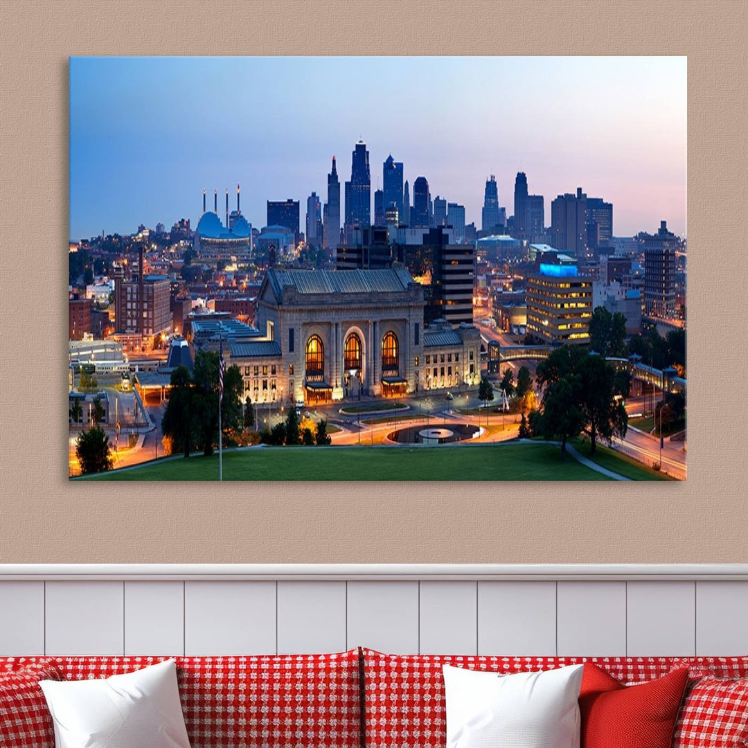 The Kansas City Skyline Canvas Wall Art Print hangs above, showcasing an iconic dusk cityscape with a historic building in the foreground, exuding urban sophistication.