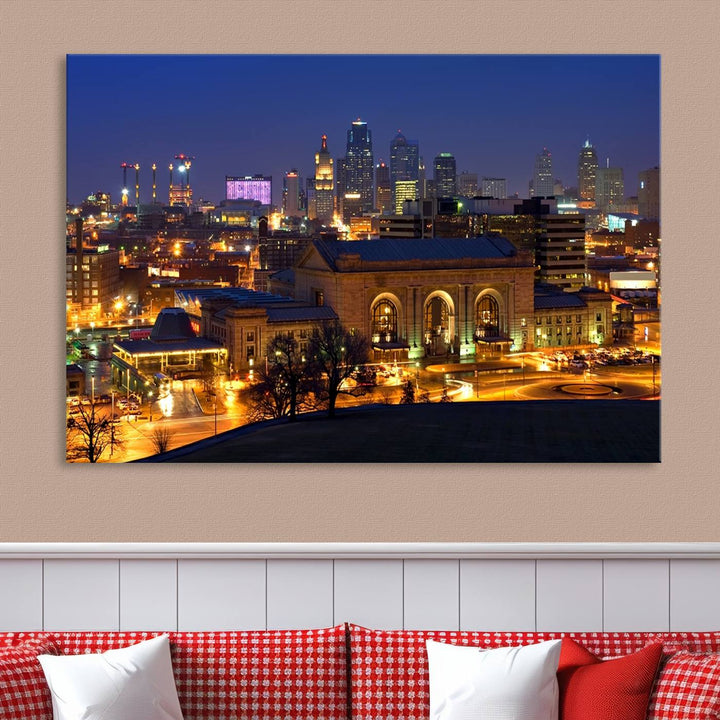 The Kansas City Night Canvas Print Wall Art creates a scene as captivating as museum-quality art, showcasing a city skyline at night with illuminated buildings.