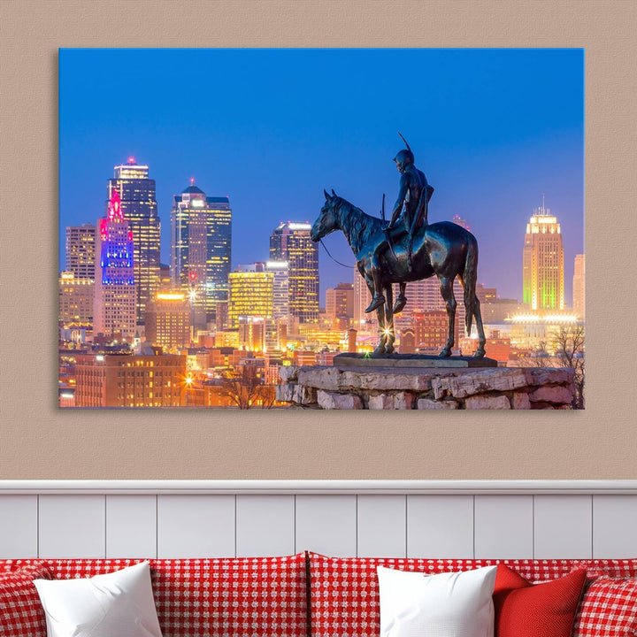 A large Kansas City Night Canvas Print Wall Art adorns the wall, gallery wrapped and finished with a UV-protective coating for lasting vibrancy.