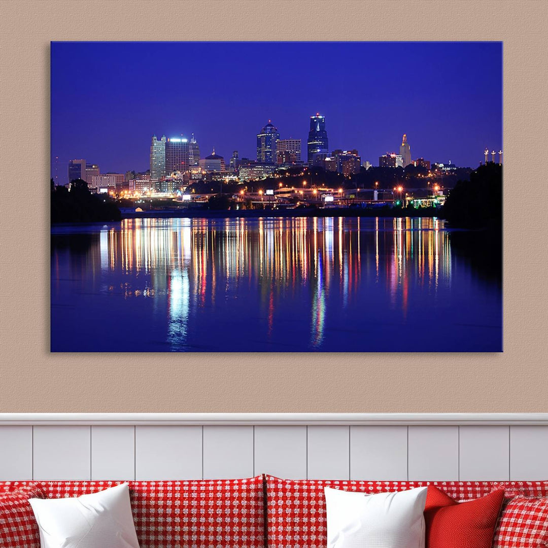 The Kansas City Night Canvas Print Wall Art captures the shimmering city skyline on the calm water, where every detail resembles a museum-quality polycotton masterpiece.