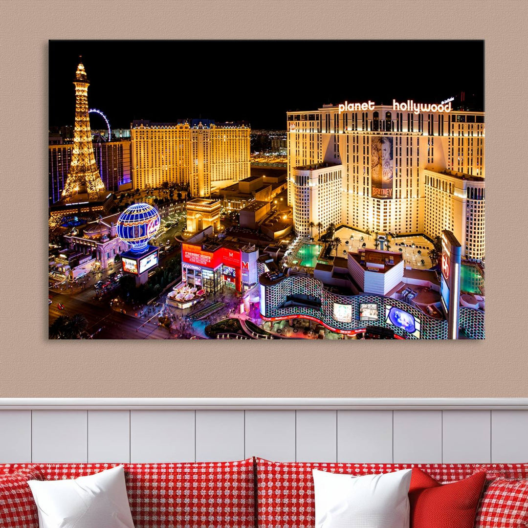 The Las Vegas Wall Art Canvas Print is a triptych set that showcases a stunning night view of Las Vegas. The illuminated buildings and the iconic faux Eiffel Tower add elegance to any space. Each piece comes with a UV-protective coating and is ready to hang, ensuring both style and durability.