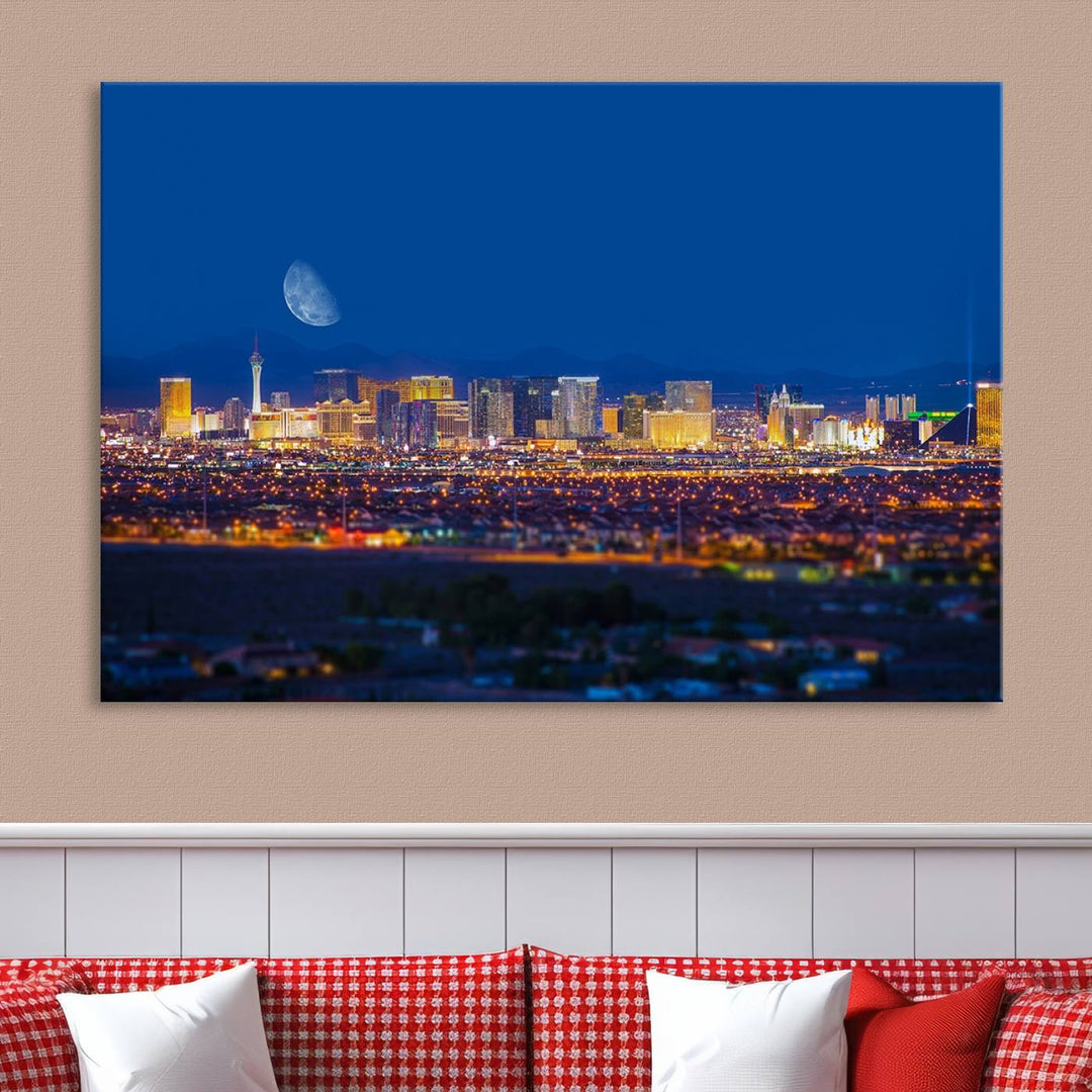 The Las Vegas Wall Art Canvas Print, depicting a city skyline at night, enhances a modern living room with its museum-quality canvas. This triptych comes ready to hang and boasts a UV-protective coating for lasting brilliance.