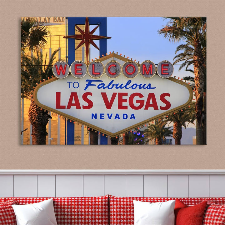 A Las Vegas Wall Art Canvas Print hangs on the wall, showcasing the iconic Welcome to Fabulous Las Vegas, Nevada sign. The museum-quality canvas guarantees vibrant colors with its UV-protective coating and is available with free shipping for added convenience.