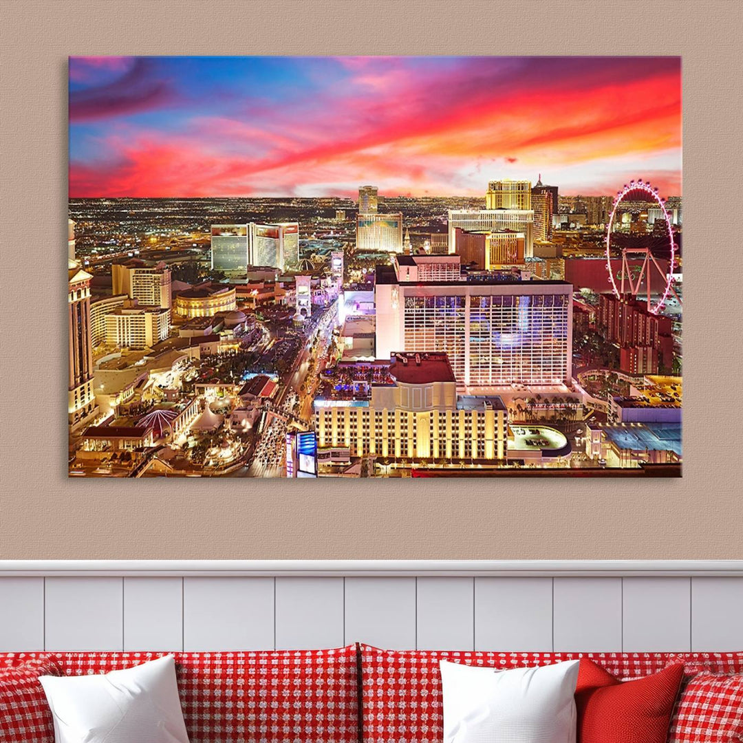 Las Vegas Wall Art Canvas Print depicting a vibrant cityscape at dusk on museum-quality canvas with a UV-protective coating, showcasing a skyline with colorful clouds.