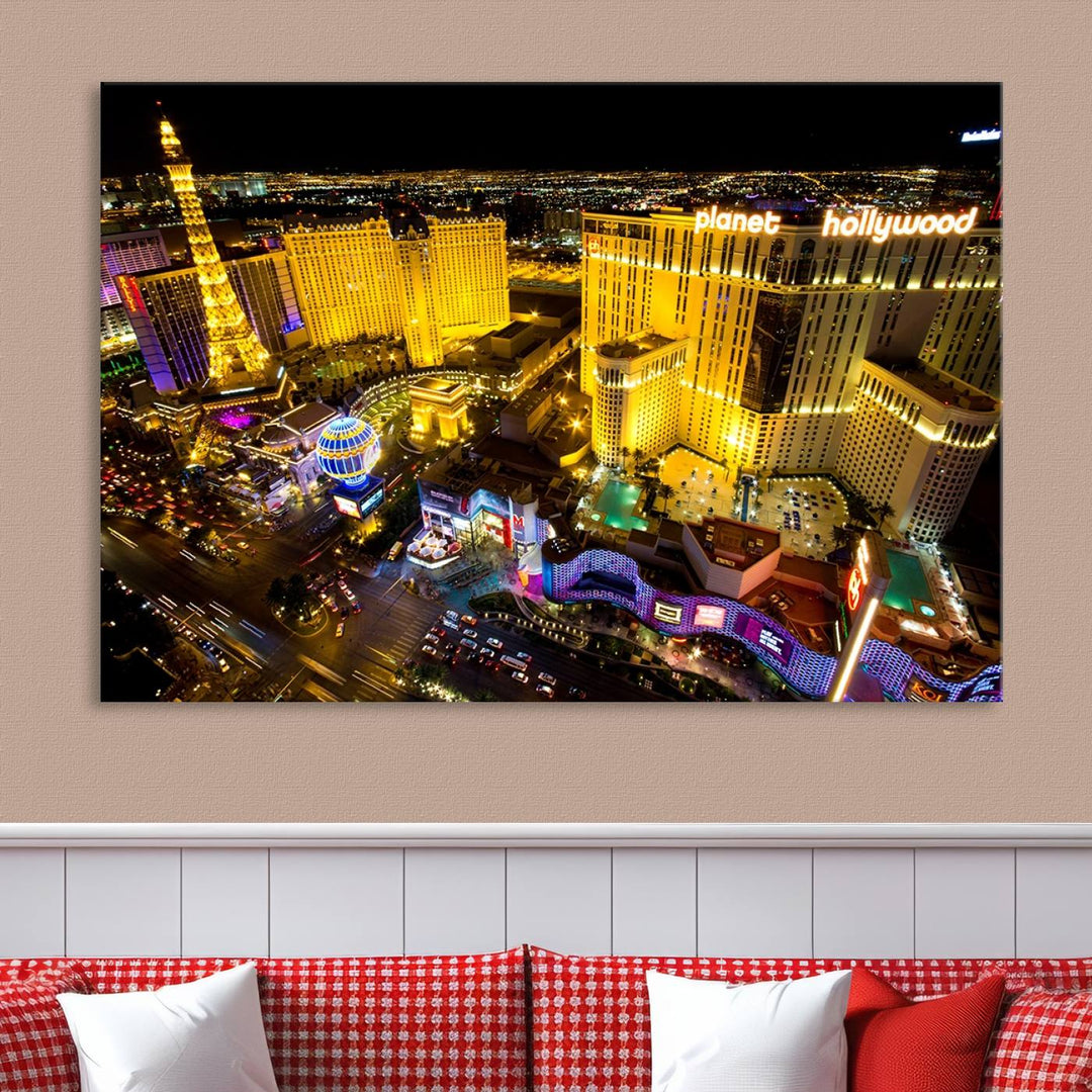 The modern living room features a Las Vegas Wall Art Canvas Print, a museum-quality triptych showcasing a vibrant cityscape with neon lights.