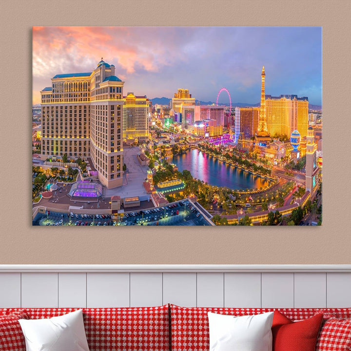 The gallery-wrapped triptych of the Las Vegas Wall Art Canvas Print, depicting the colorful skyline at sunset, adds a vibrant touch to the room. This artwork is crafted on museum-quality canvas and features a UV-protective coating for lasting durability.