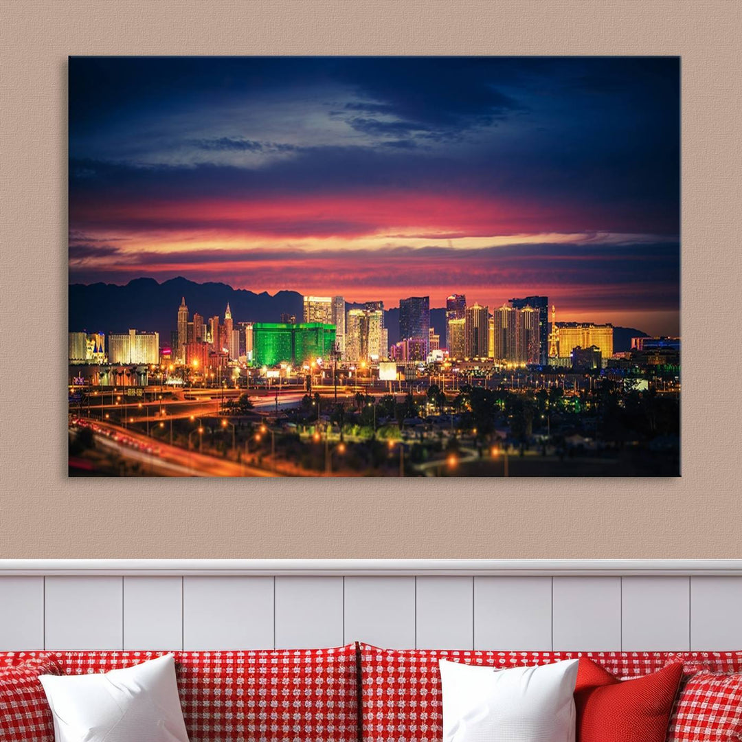 The living room is adorned with the Las Vegas Wall Art Canvas Print, a triptych showcasing a cityscape at sunset. This piece is crafted on museum-quality canvas and protected by a UV-coated finish, highlighting the craftsmanship of a skilled professional.