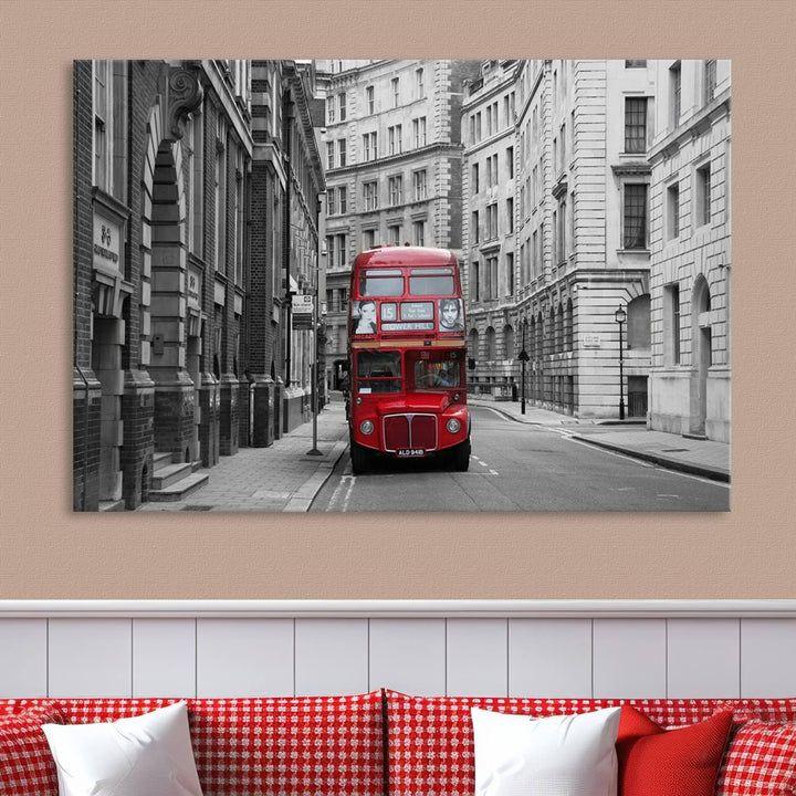 The living room features museum-quality London Red Bus Wall Art, showcasing a split canvas print of a red bus on a black and white city street. This artwork is ready to hang and includes a UV-protective coating to ensure long-lasting vibrance.