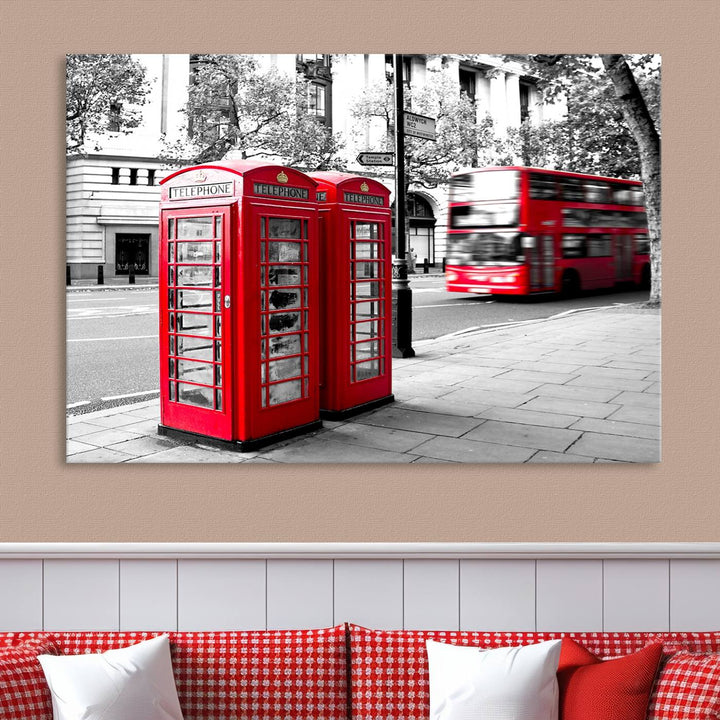 The London Red Bus and Phone Club Wall Art, a vivid night canvas print featuring iconic red buses and phone booths, is elegantly showcased on gallery-wrapped, museum-quality material. With its UV-protective coating, this captivating piece infuses your space with the charm of London.