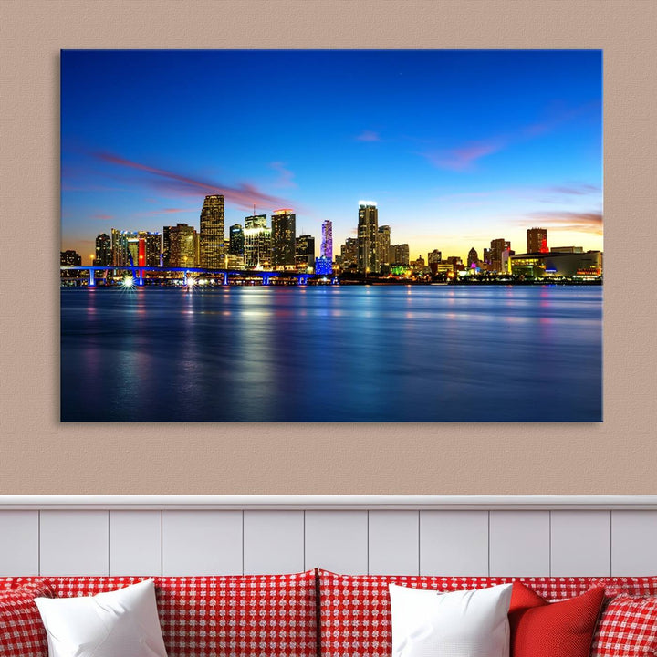 The living room features a Miami City Wall Art Canvas Print—a gallery-wrapped triptych displaying a city skyline at dusk, adding museum-quality elegance to the space.