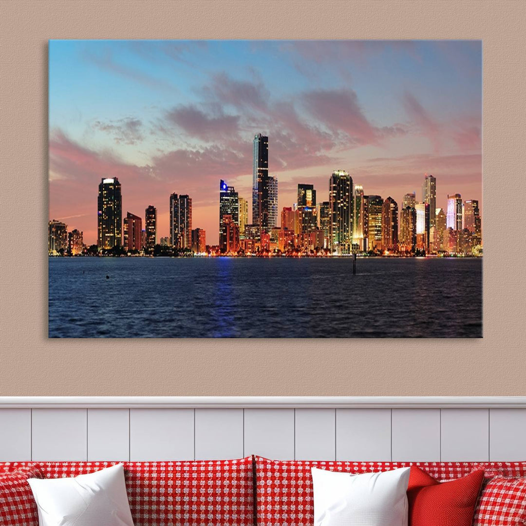 The Wall Art MIAMI Canvas Print emphasizes a vibrant cityscape at sunset. This artwork is presented on museum-quality canvas with gallery-wrapped edges, ensuring it stands out while maintaining its pristine condition for years to come.