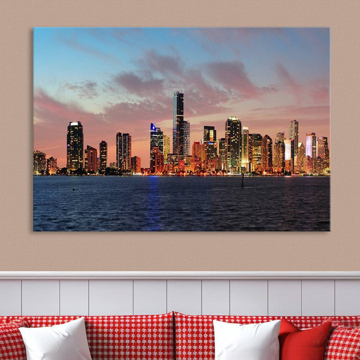 The Wall Art MIAMI Canvas Print emphasizes a vibrant cityscape at sunset. This artwork is presented on museum-quality canvas with gallery-wrapped edges, ensuring it stands out while maintaining its pristine condition for years to come.