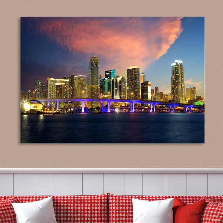 The modern living room is enhanced by the "Miami City Wall Art Canvas Print," a stunning triptych portraying a city skyline at sunset. These canvases are gallery wrapped and made from museum-quality materials, featuring a UV-protective coating to ensure lasting vibrancy.