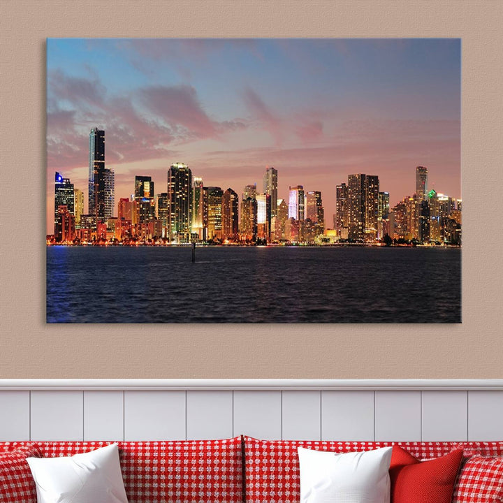 The living room features a gallery-wrapped triptych of the Miami City Wall Art Canvas Print above the sofa.