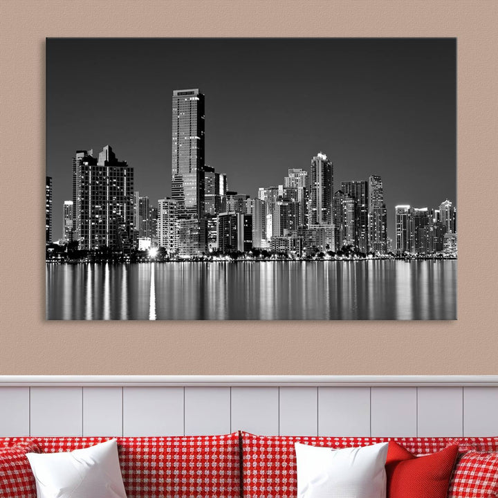 The Miami City Wall Art Canvas Print, a stunning triptych of the Miami skyline, elegantly hangs in this modern living room.