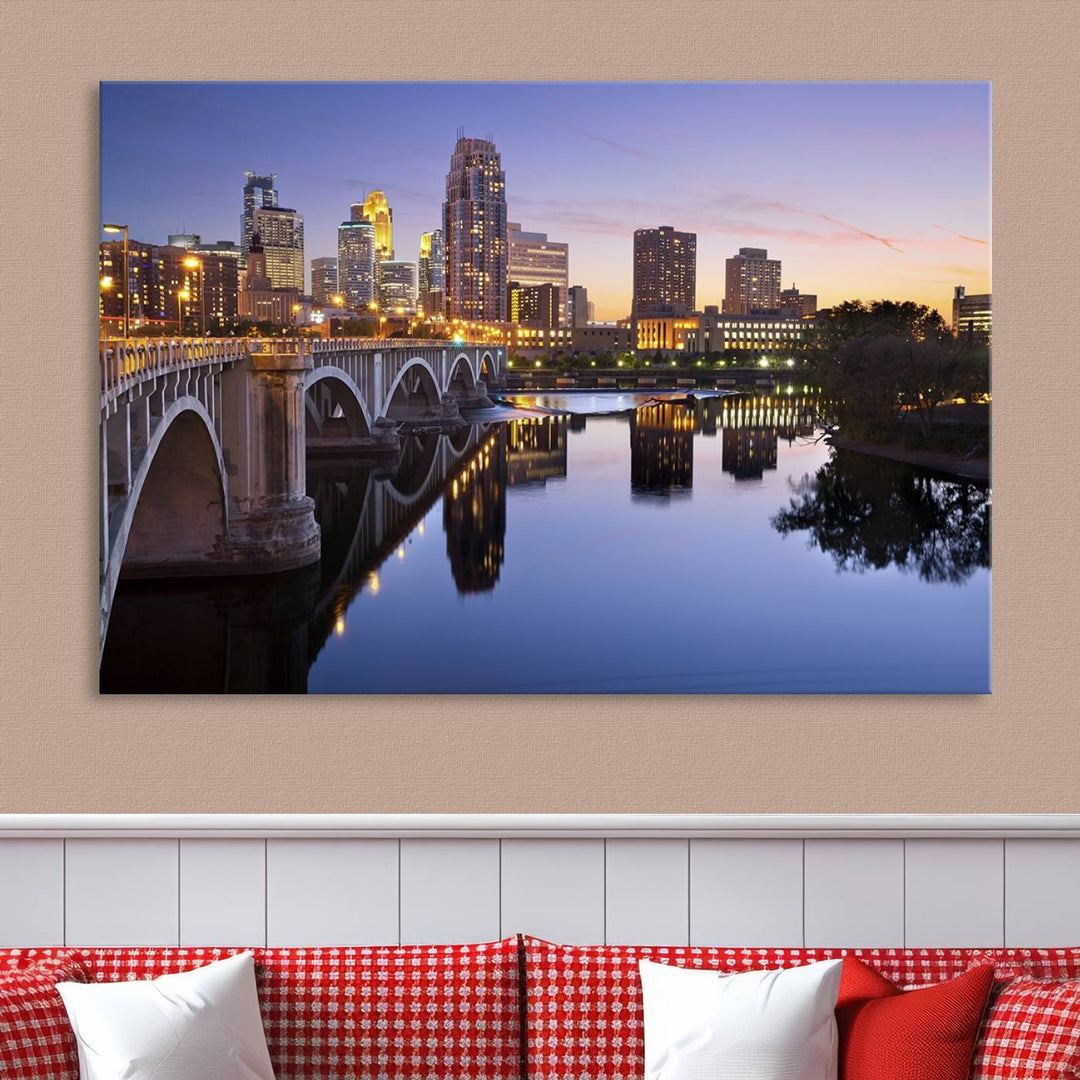 Display the Minneapolis Wall Art Canvas Print, featuring the Minnesota cityscape at dusk, on gallery-wrapped, museum-quality canvas.