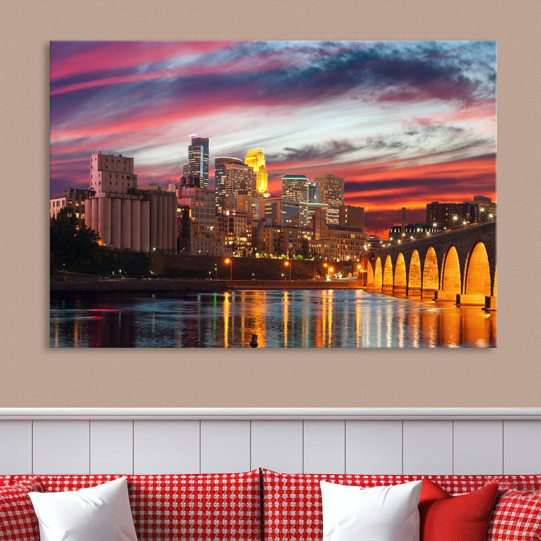 The "Minneapolis Wall Art Canvas Print, Minnesota City Wall Art Print, Minnesota Cityscapes Wall Art" features a city skyline at sunset in museum-quality canvas prints. Transform your living space into a gallery with this stunning piece and enjoy free shipping.