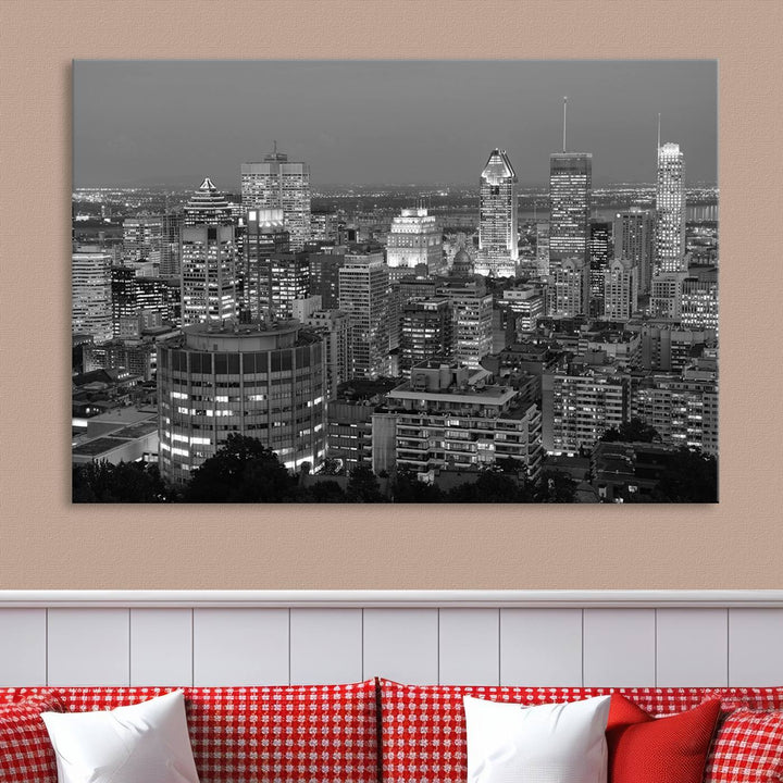 The gallery-wrapped, museum-quality canvas print features the Montreal Canada City Wall Art, showcasing a cityscape at night in black and white.