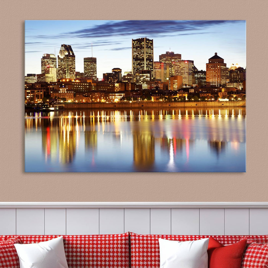 A Montreal Canada City Wall Art Canvas Print, depicting the cityscape at dusk and reflecting in calm waters, is crafted with museum-quality canvases and a UV-protective coating. This remarkable piece guarantees vibrant colors that remain stunning and ready to hang for years to come.