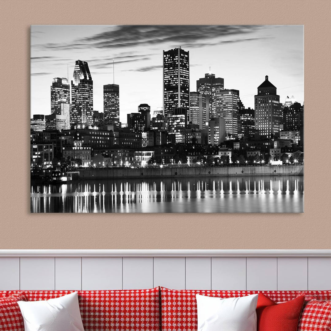 The contemporary living room features the Montreal Canada City Wall Art Canvas Print, an elegantly gallery-wrapped triptych on museum-quality canvas, prominently hung above.